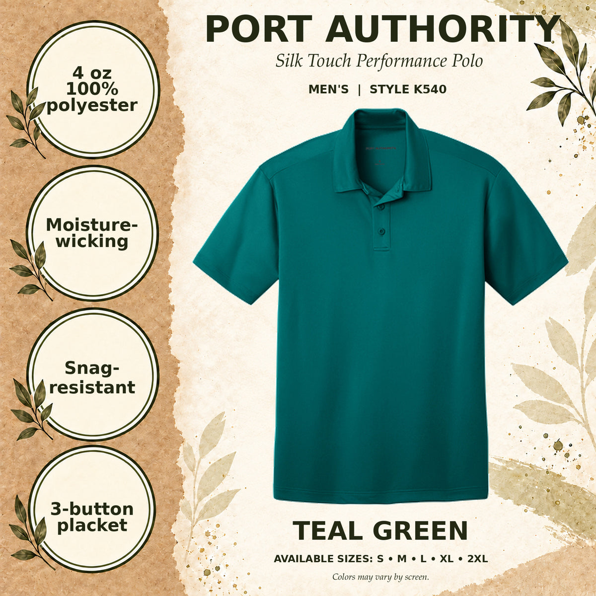 Port Authority Silk Touch Performance Men's Polo — Teal Green, fabric and garment details