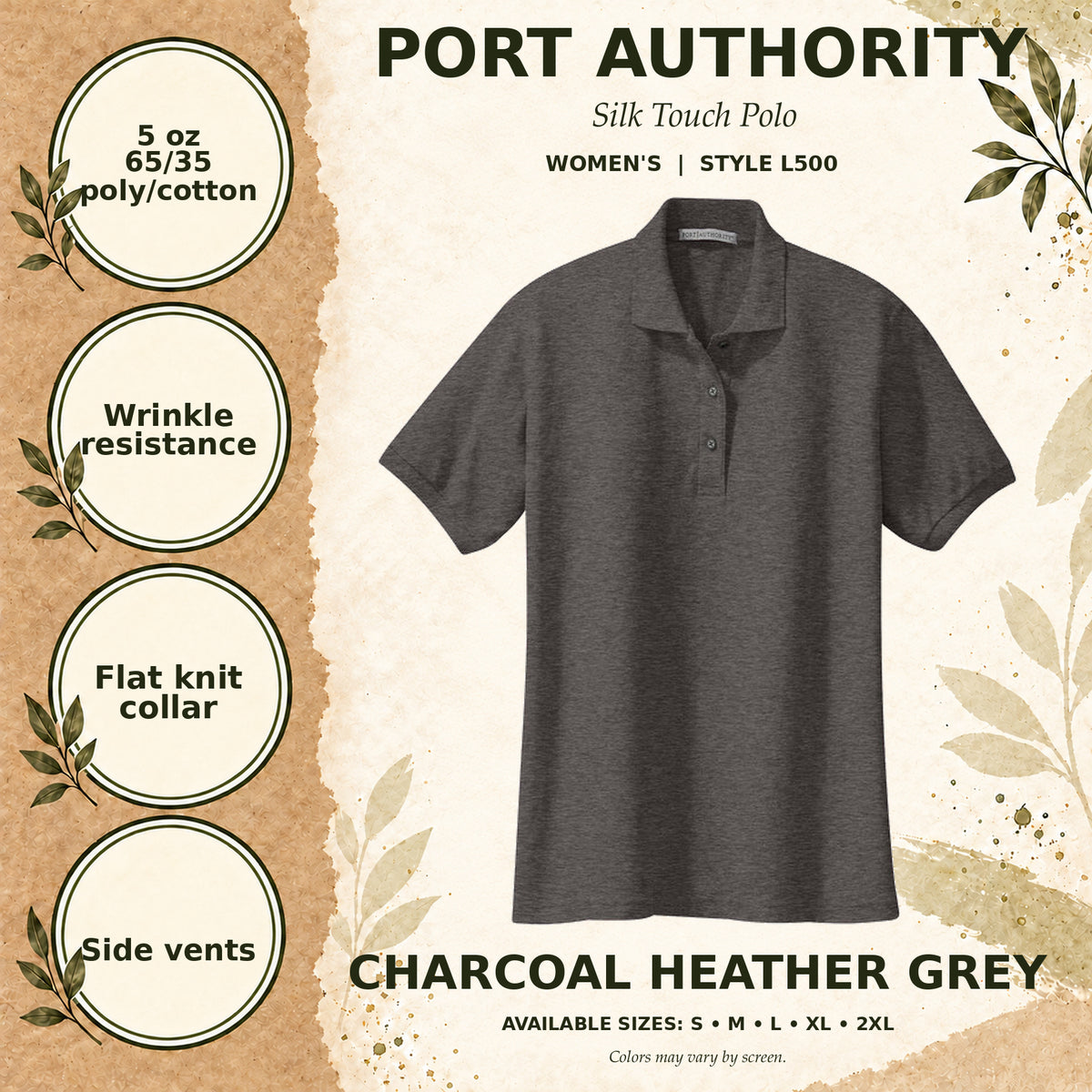 Port Authority Silk Touch Women's Polo — Charcoal Heather Grey, fabric and garment details
