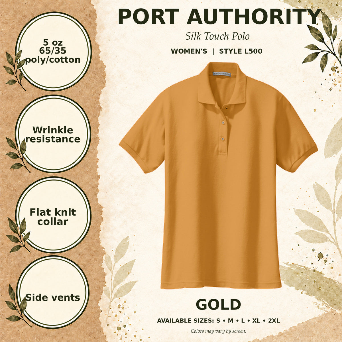 Port Authority Silk Touch Women's Polo — Gold, fabric and garment details