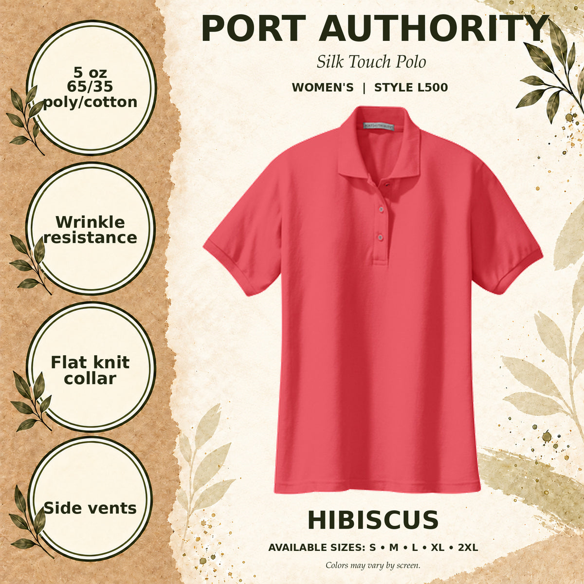Port Authority Silk Touch Women's Polo — Hibiscus, fabric and garment details