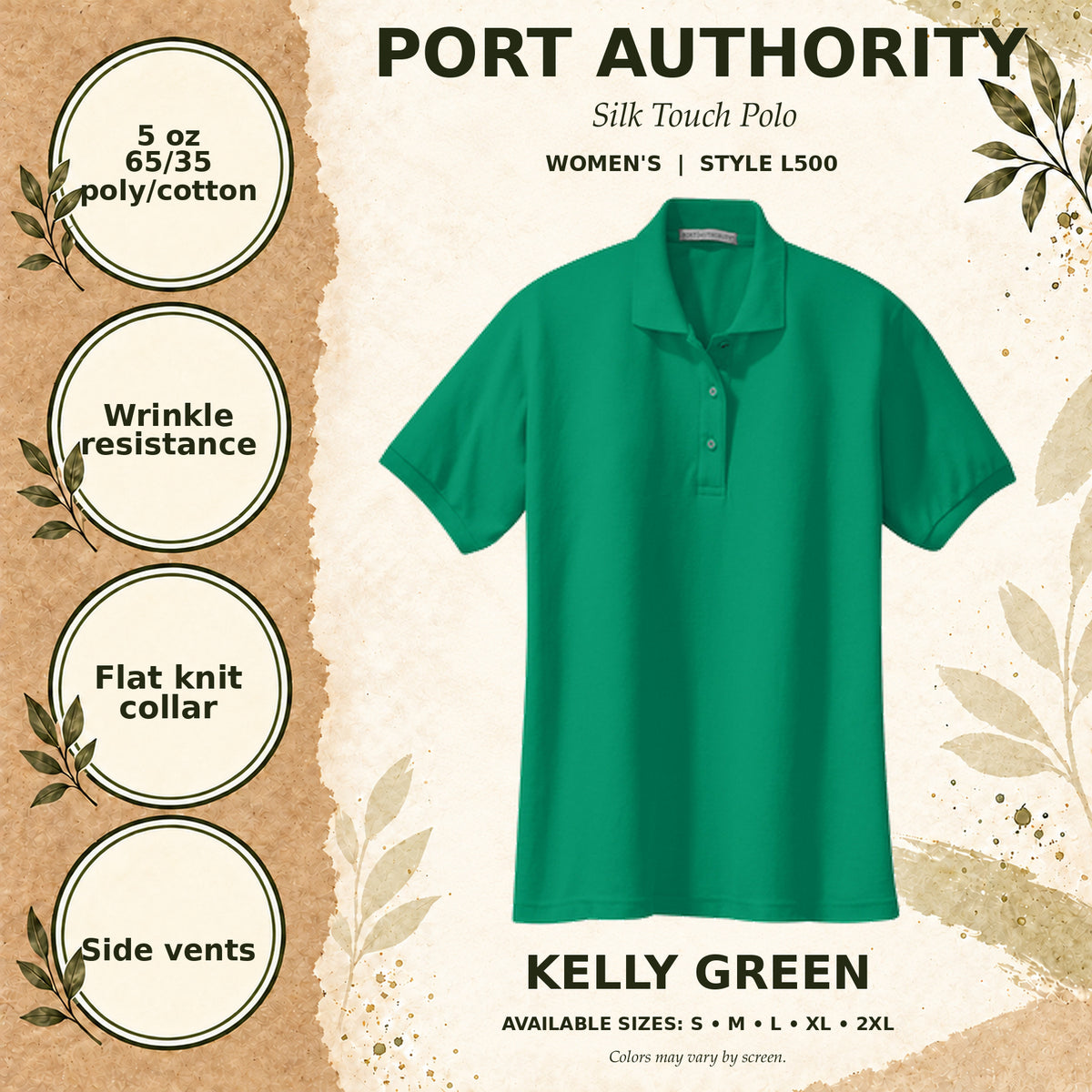 Port Authority Silk Touch Women's Polo — Kelly Green, fabric and garment details
