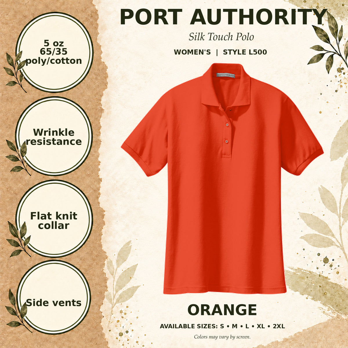 Port Authority Silk Touch Women's Polo — Orange, fabric and garment details