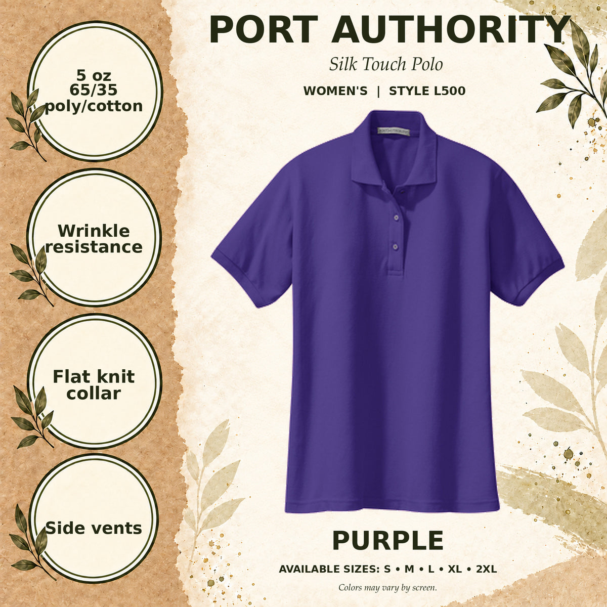 Port Authority Silk Touch Women's Polo — Purple, fabric and garment details