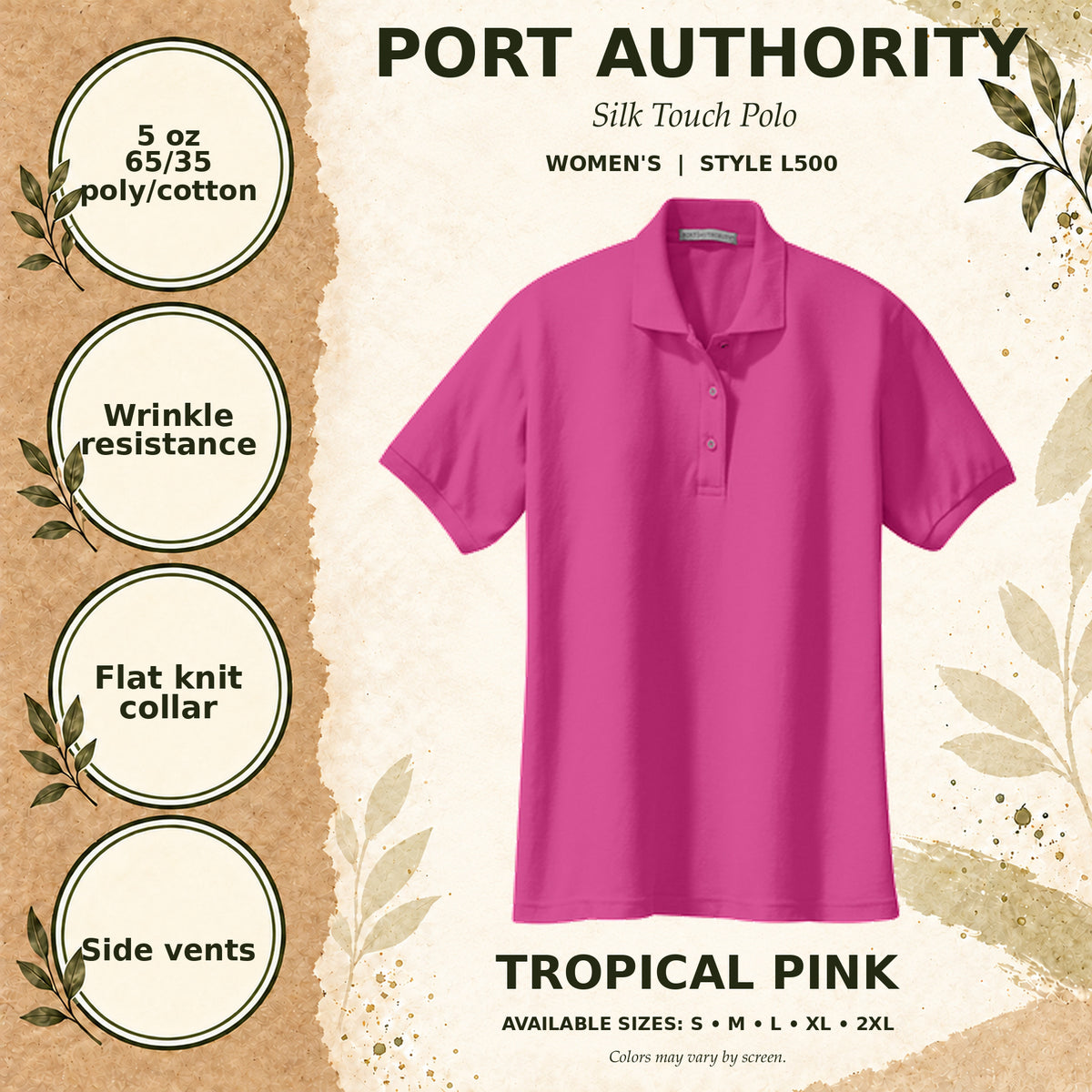 Port Authority Silk Touch Women's Polo — Tropical Pink, fabric and garment details