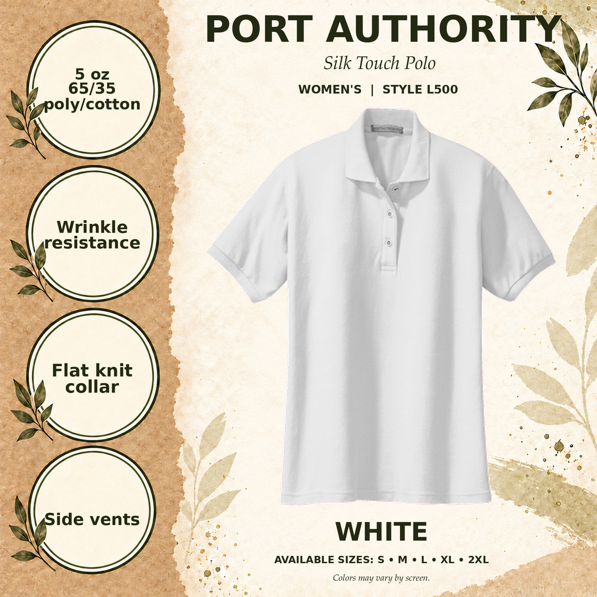 Port Authority Silk Touch Women's Polo — White, fabric and garment details