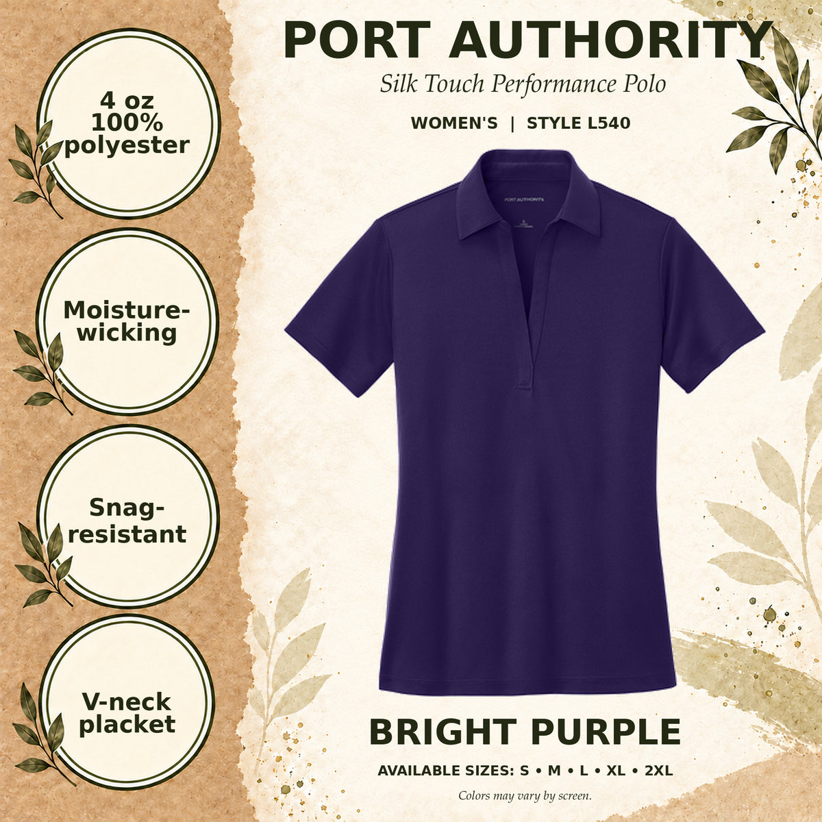 Port Authority Silk Touch Performance Women's Polo — Bright Purple, fabric and garment details