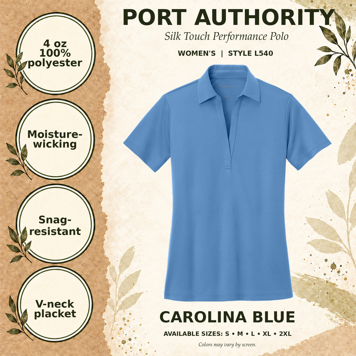 Port Authority Silk Touch Performance Women's Polo — Carolina Blue, fabric and garment details