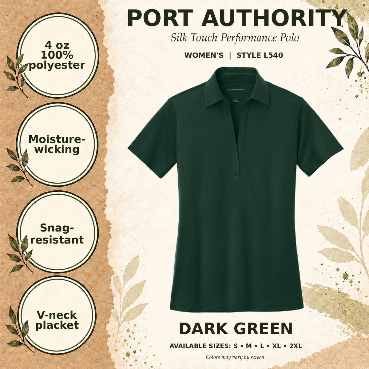 Port Authority Silk Touch Performance Women's Polo — Dark Green, fabric and garment details