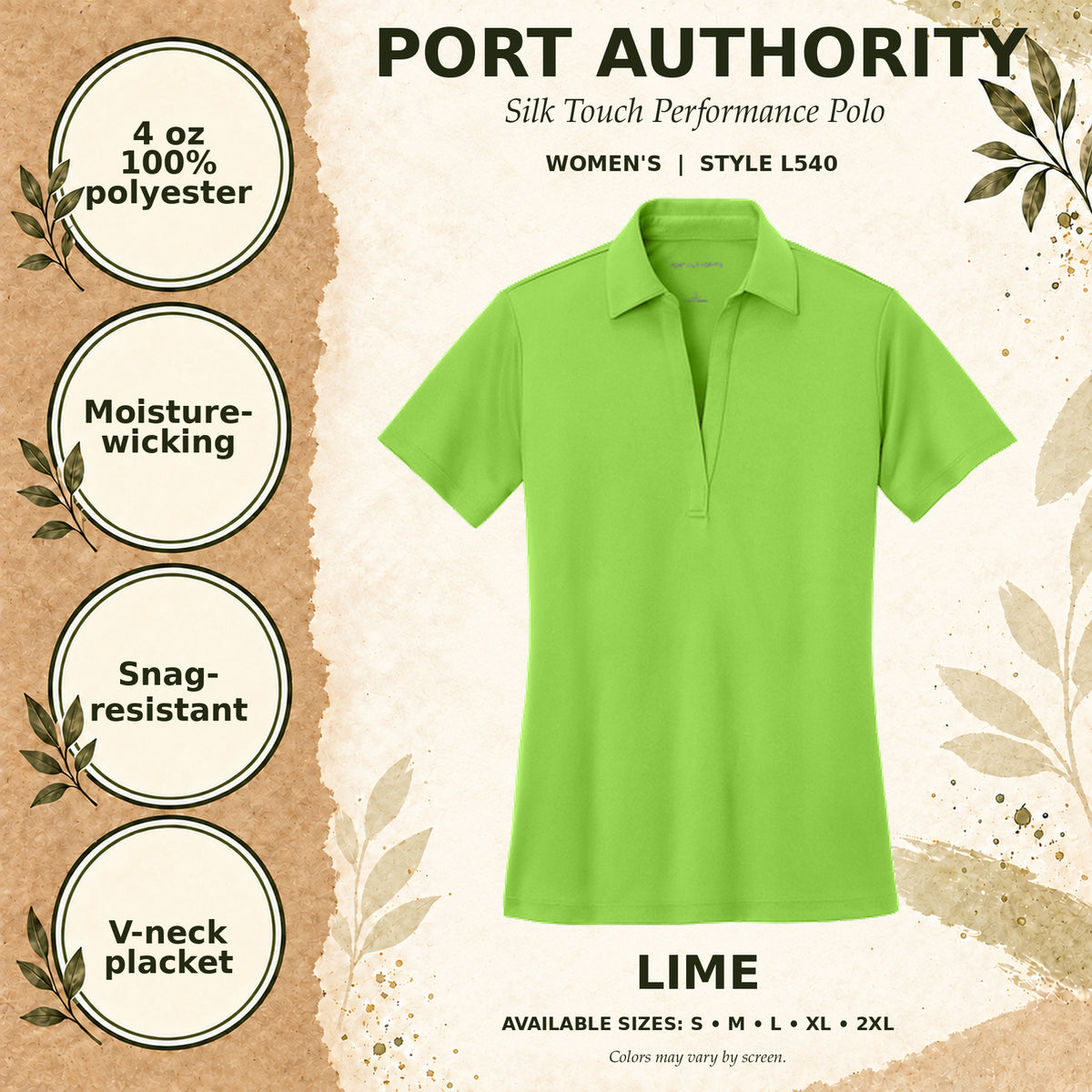 Port Authority Silk Touch Performance Women's Polo — Lime, fabric and garment details