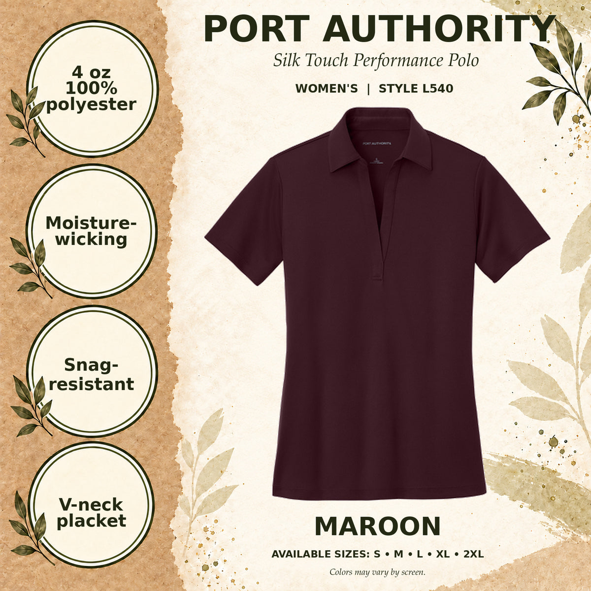 Port Authority Silk Touch Performance Women's Polo — Maroon, fabric and garment details