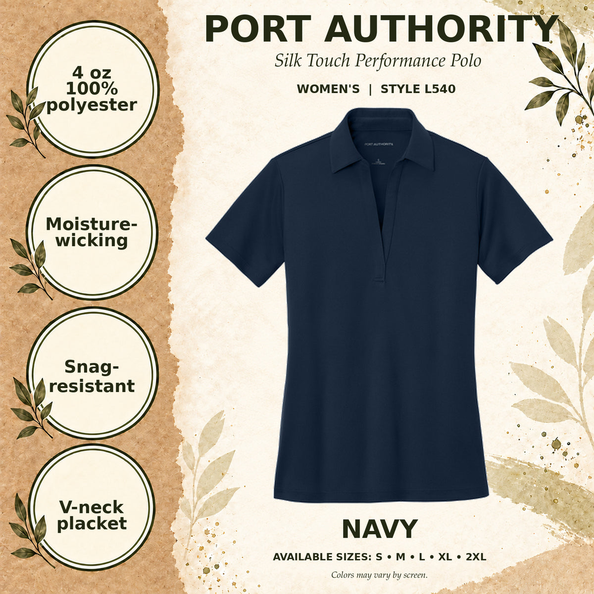 Port Authority Silk Touch Performance Women's Polo — Navy, fabric and garment details