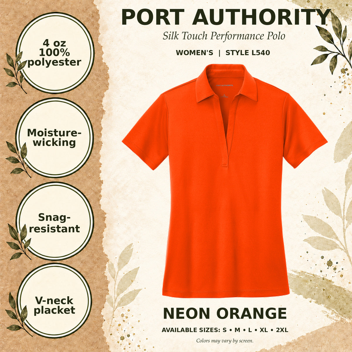 Port Authority Silk Touch Performance Women's Polo — Neon Orange, fabric and garment details