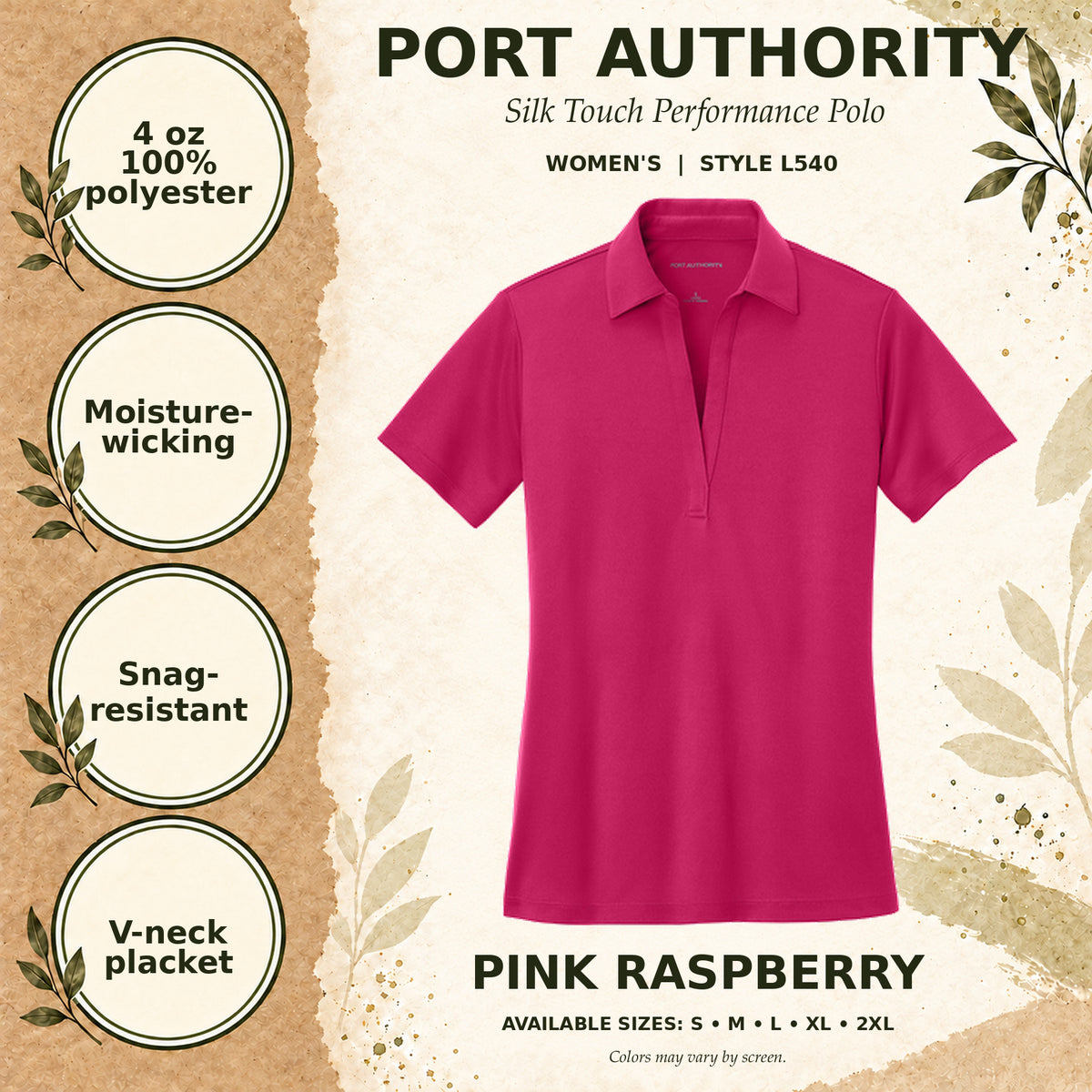 Port Authority Silk Touch Performance Women's Polo — Pink Raspberry, fabric and garment details