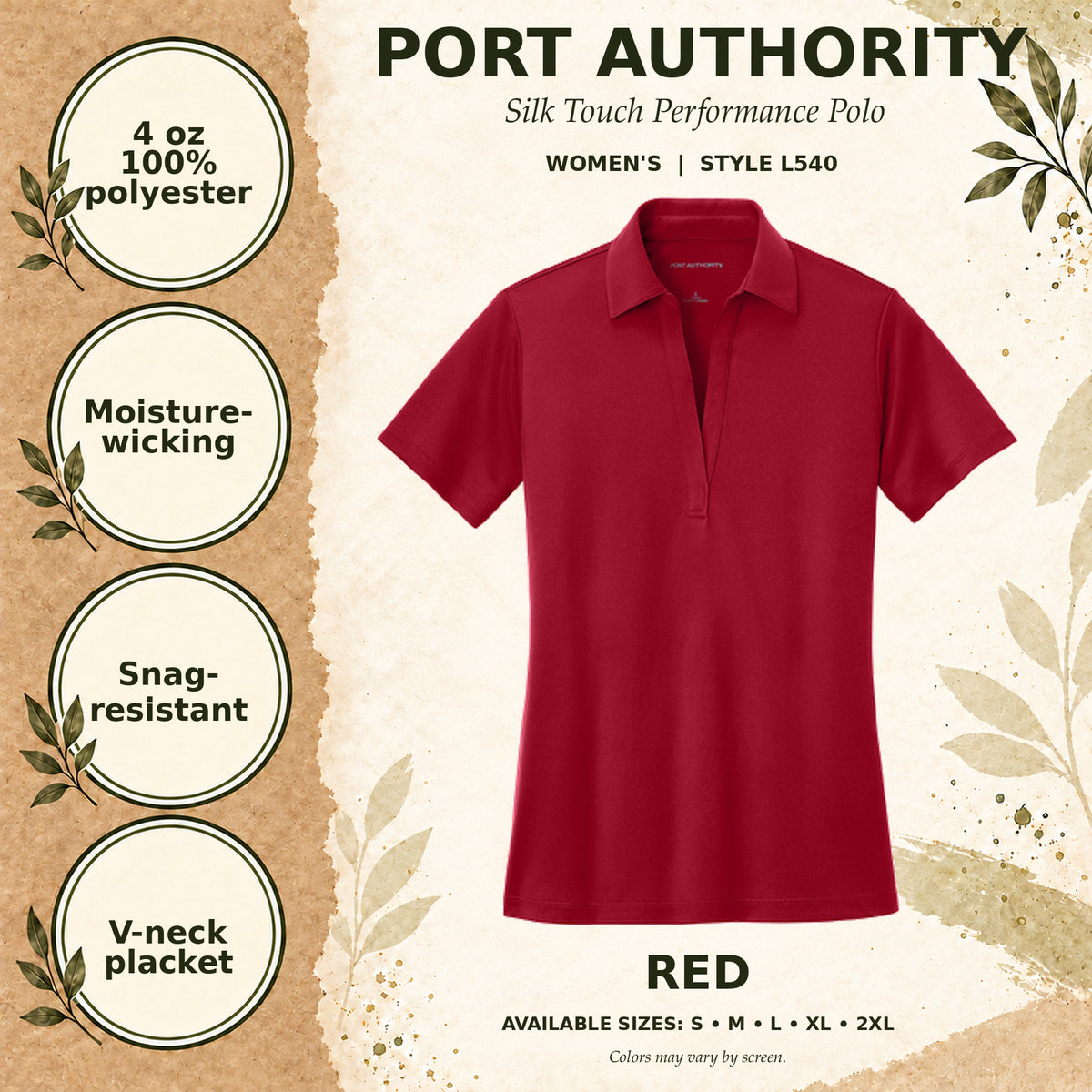 Port Authority Silk Touch Performance Women's Polo — Red, fabric and garment details