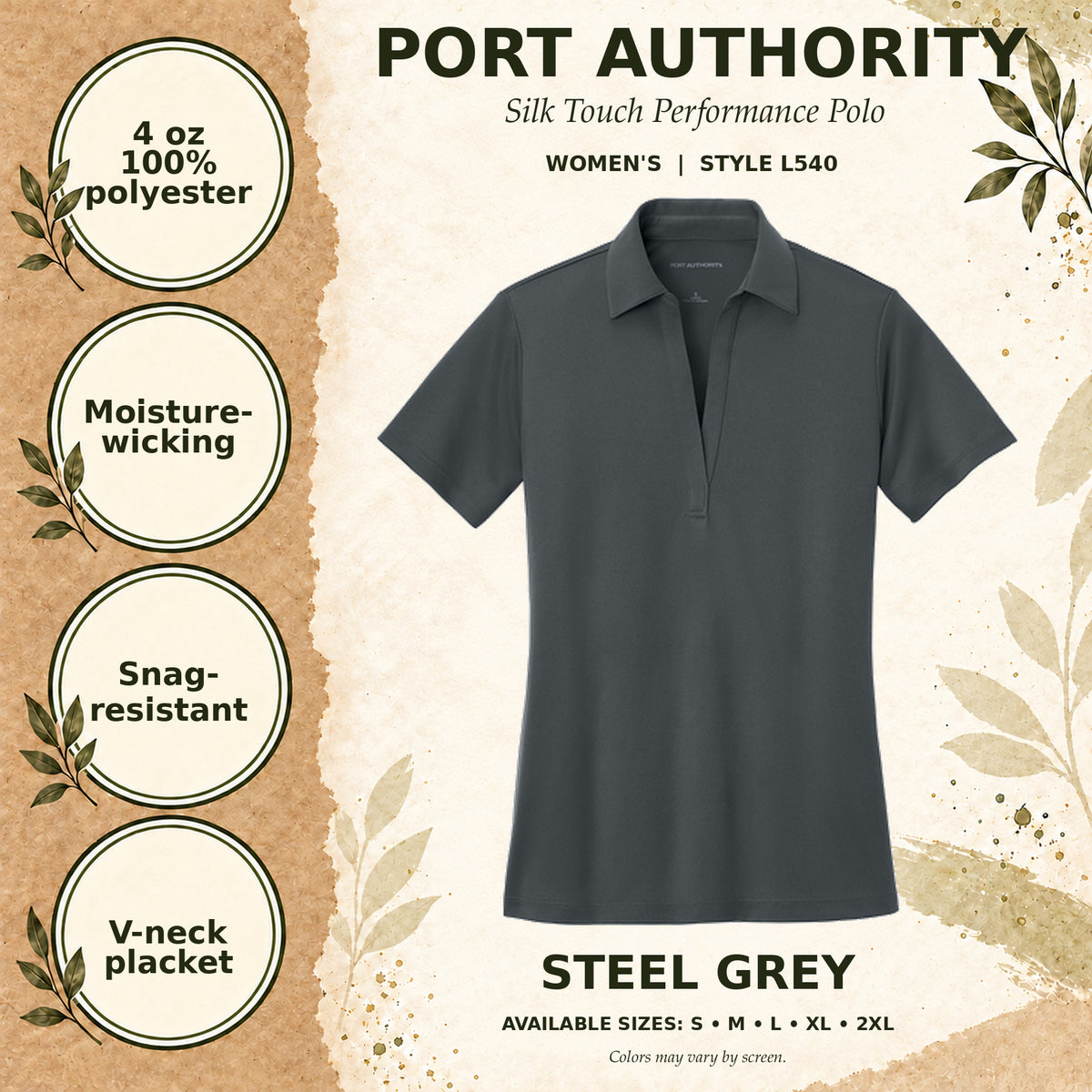Port Authority Silk Touch Performance Women's Polo — Steel Grey, fabric and garment details