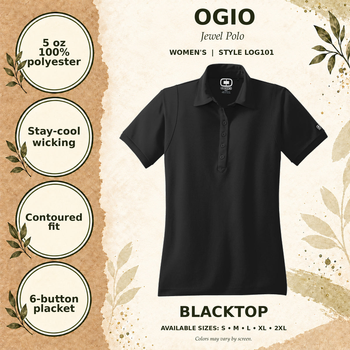 OGIO Jewel Women's Polo — Blacktop, fabric and garment details