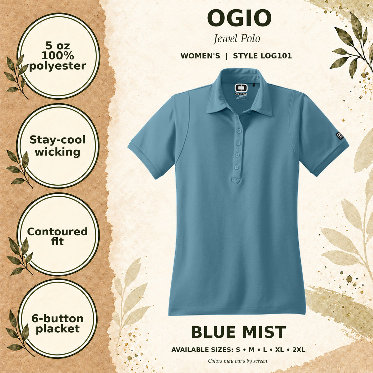 OGIO Jewel Women's Polo — Blue Mist, fabric and garment details