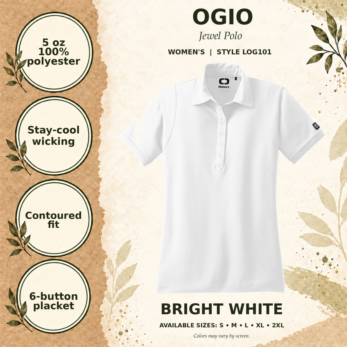OGIO Jewel Women's Polo — Bright White, fabric and garment details