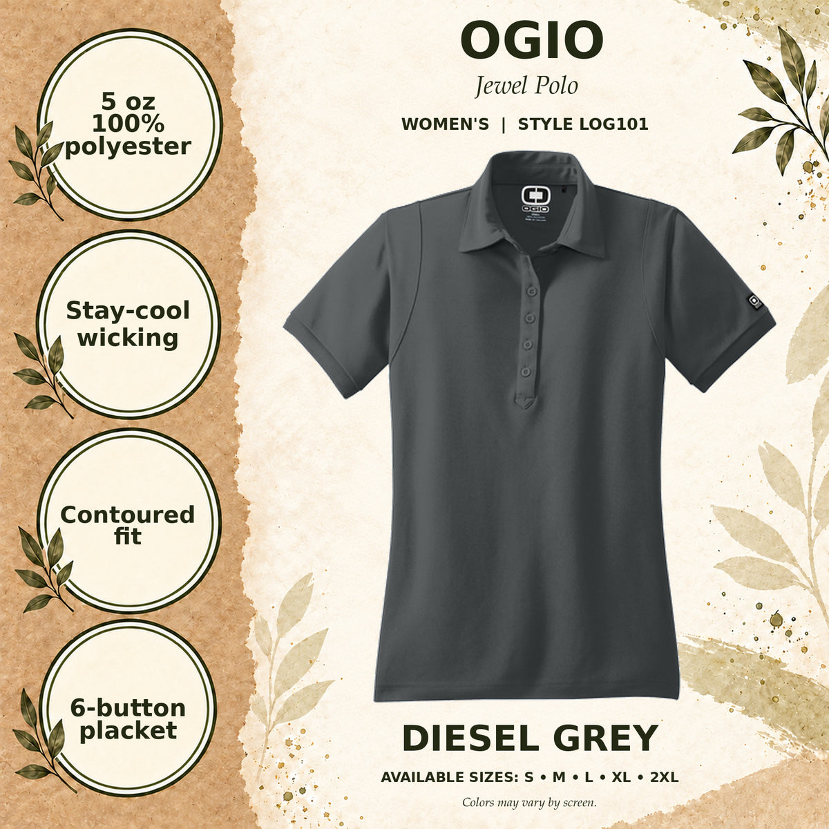 OGIO Jewel Women's Polo — Diesel Grey, fabric and garment details
