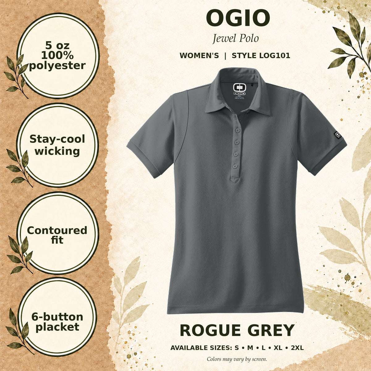 OGIO Jewel Women's Polo — Rogue Grey, fabric and garment details