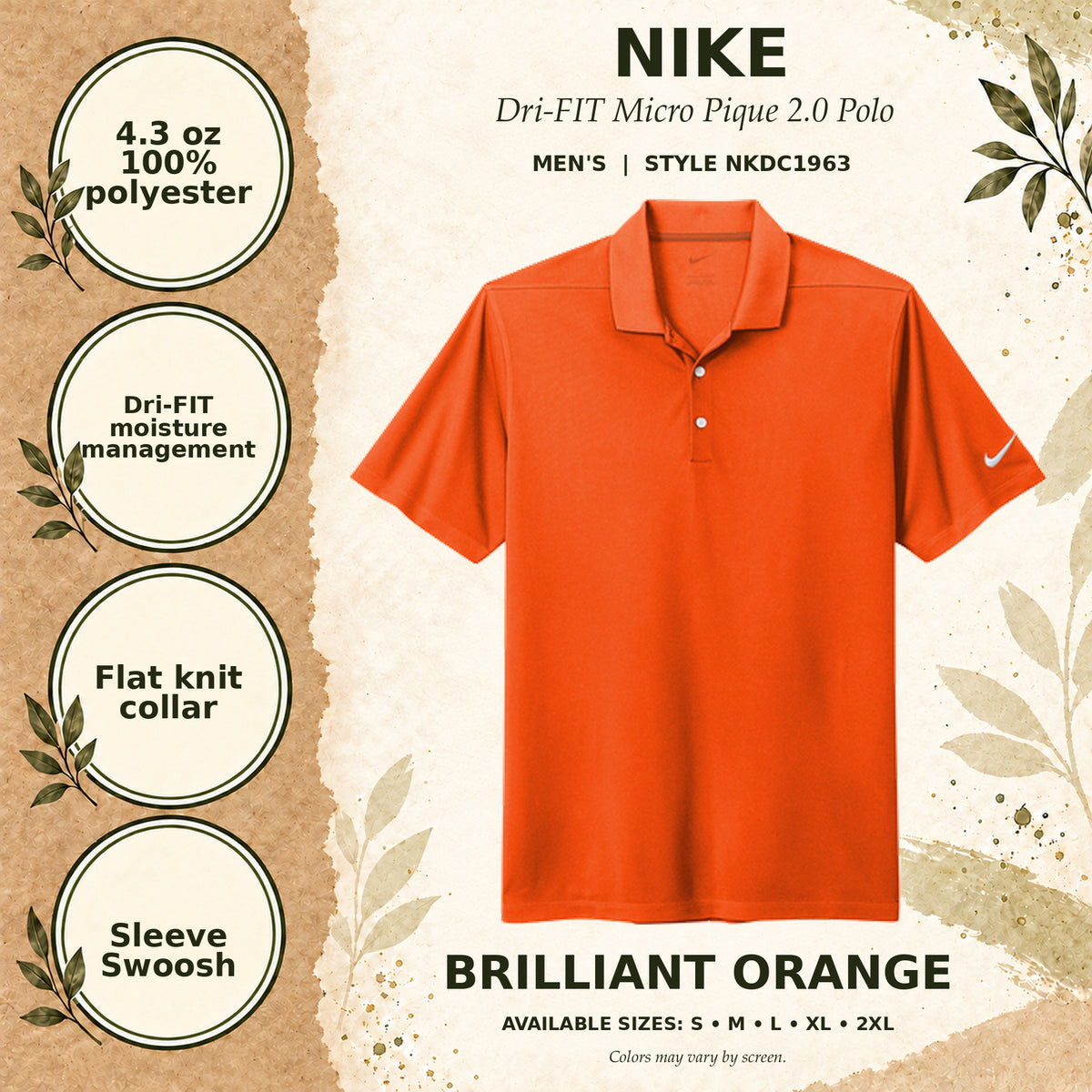 Nike Dri-FIT Micro Pique 2.0 Men's Polo — Brilliant Orange, fabric and garment details