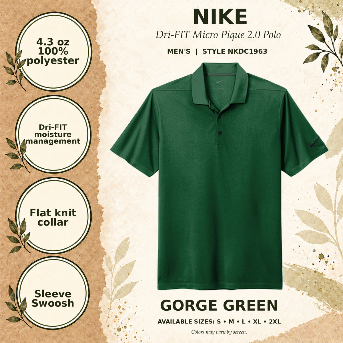 Nike Dri-FIT Micro Pique 2.0 Men's Polo — Gorge Green, fabric and garment details