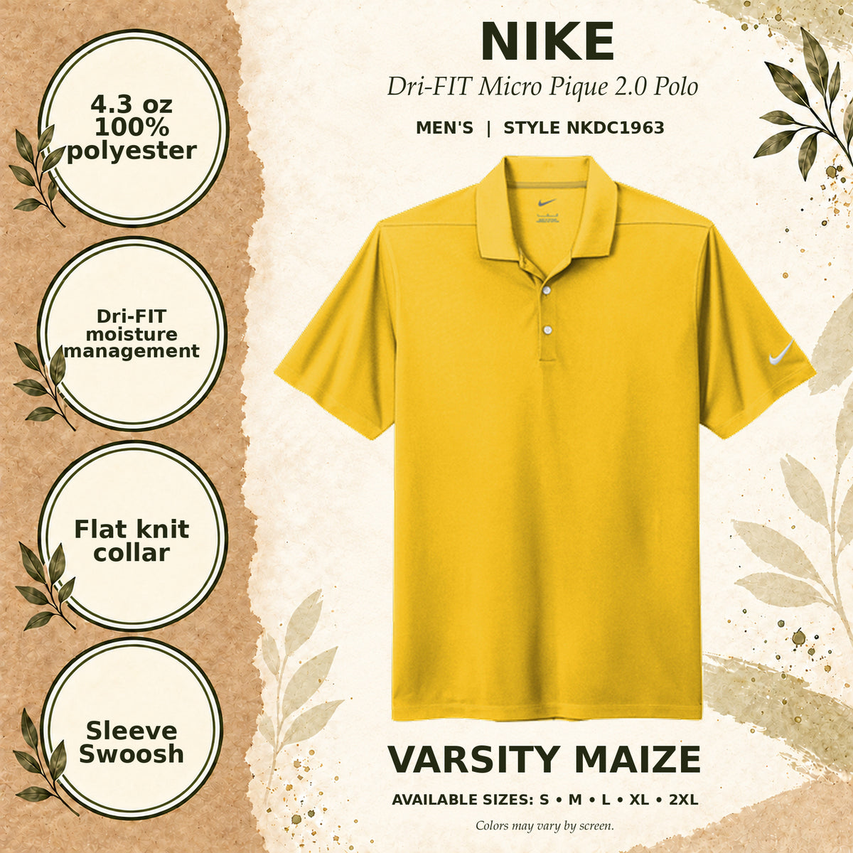 Nike Dri-FIT Micro Pique 2.0 Men's Polo — Varsity Maize, fabric and garment details