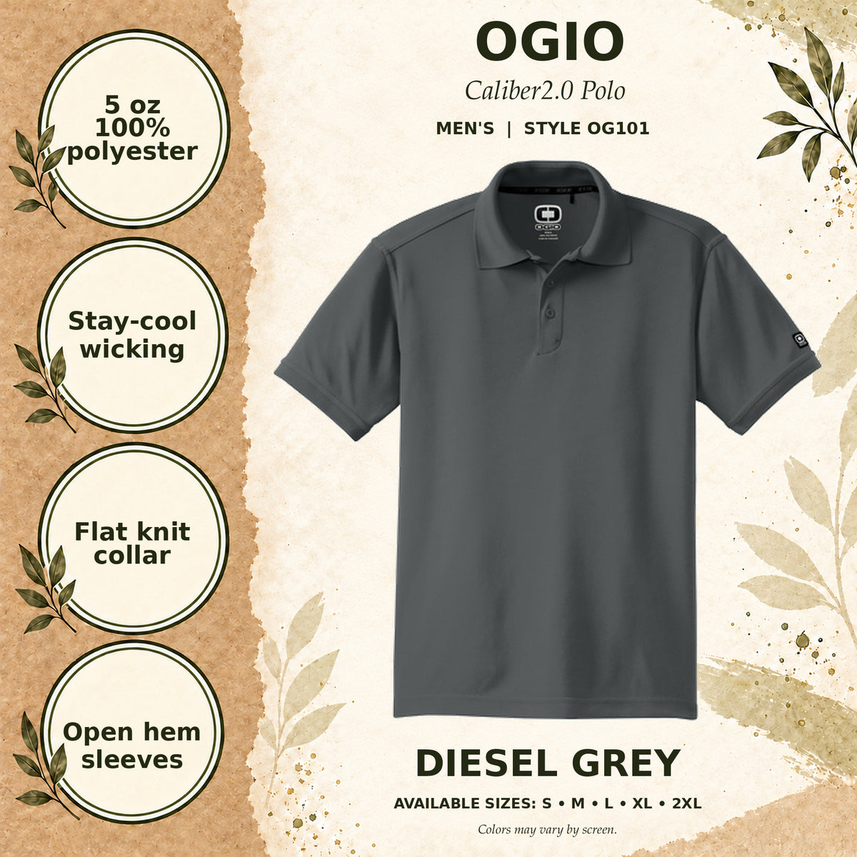 OGIO Caliber2.0 Men's Polo — Diesel Grey, fabric and garment details