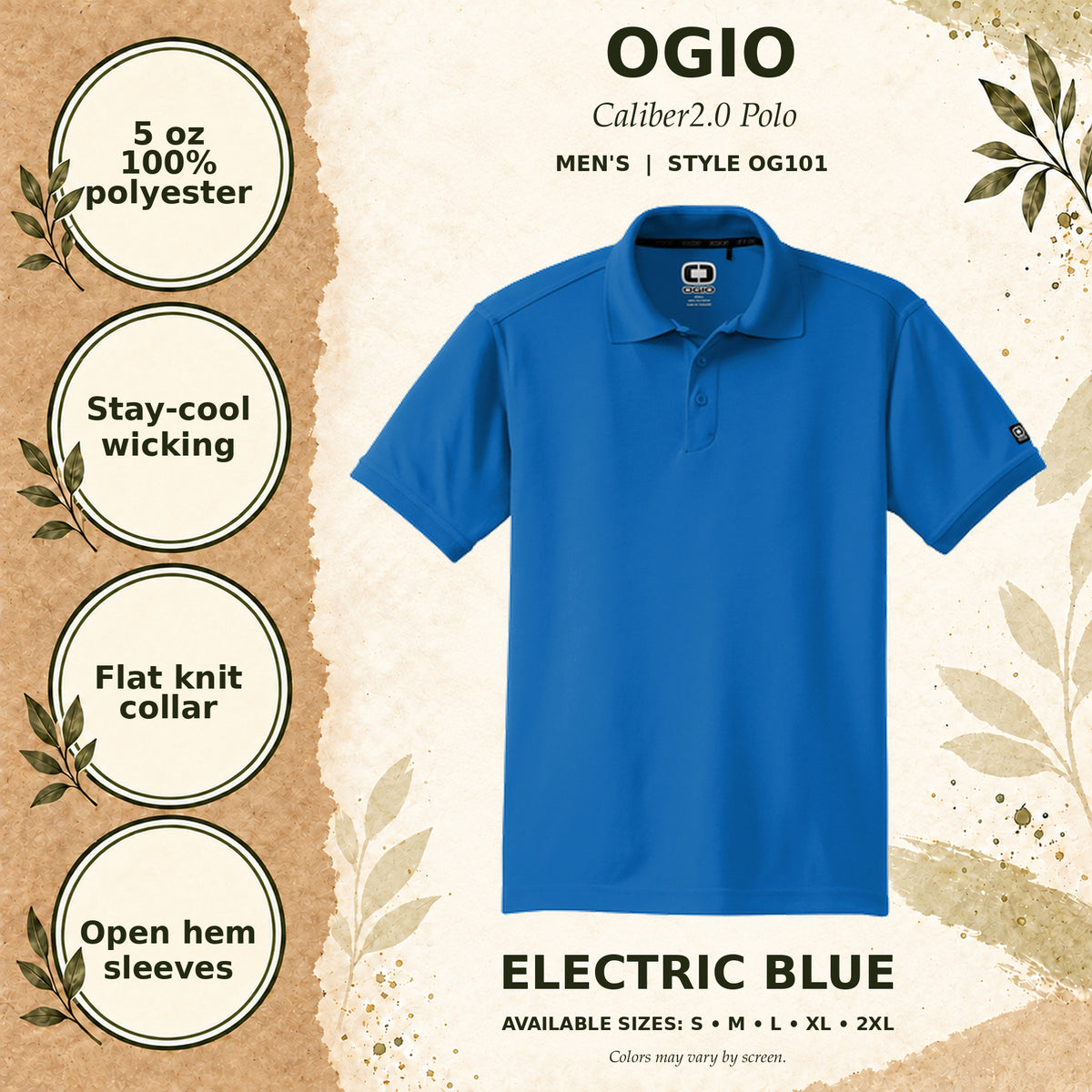 OGIO Caliber2.0 Men's Polo — Electric Blue, fabric and garment details