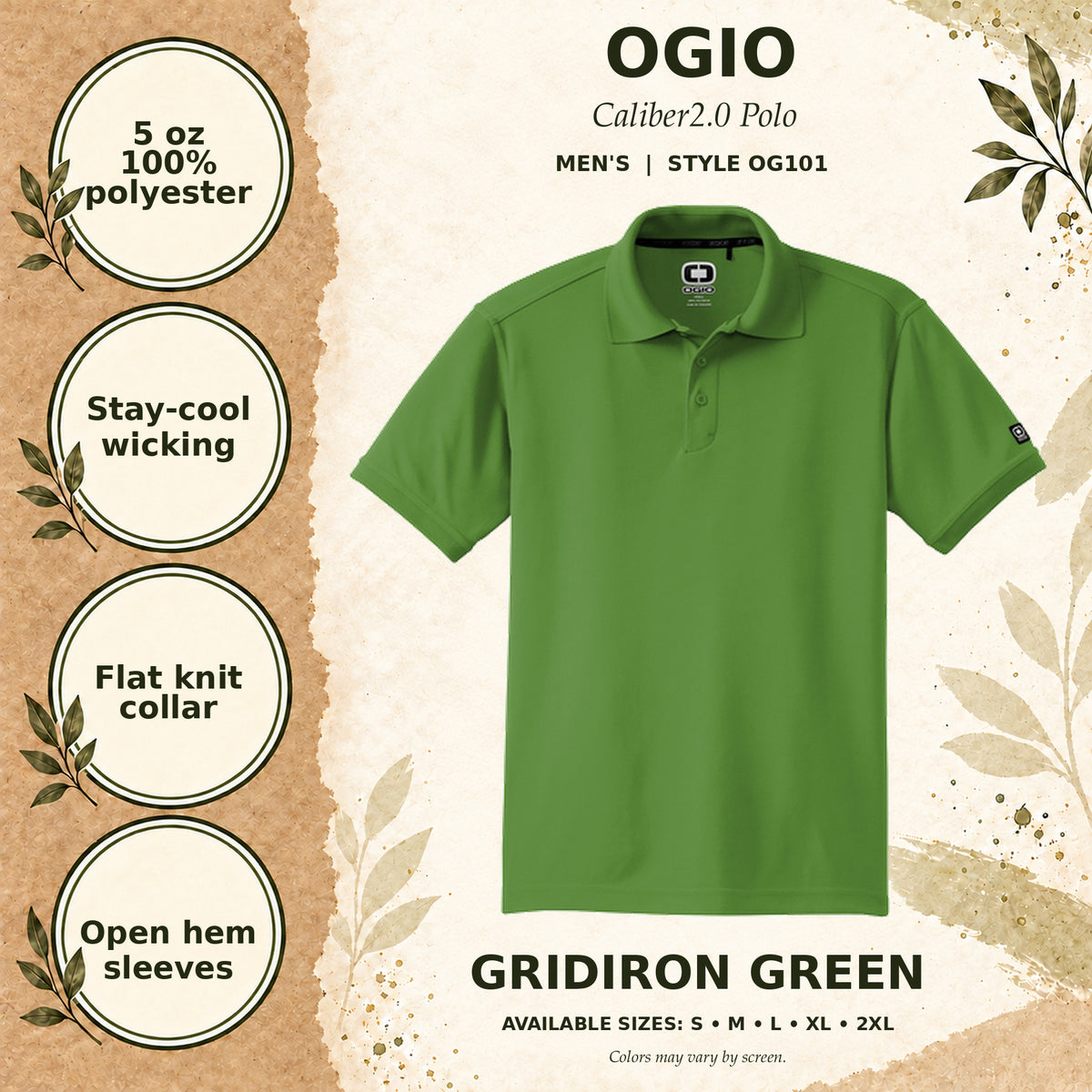 OGIO Caliber2.0 Men's Polo — Gridiron Green, fabric and garment details
