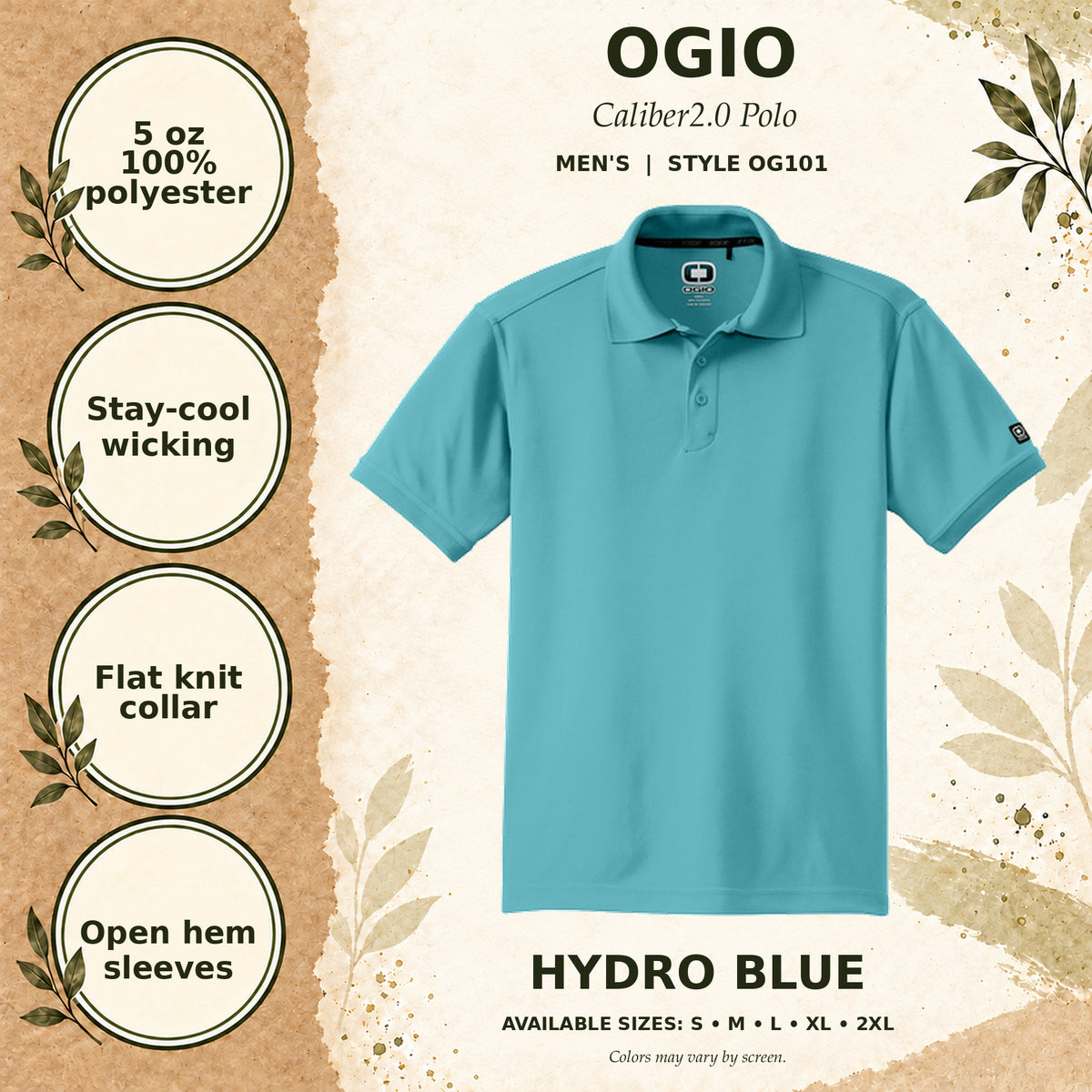 OGIO Caliber2.0 Men's Polo — Hydro Blue, fabric and garment details