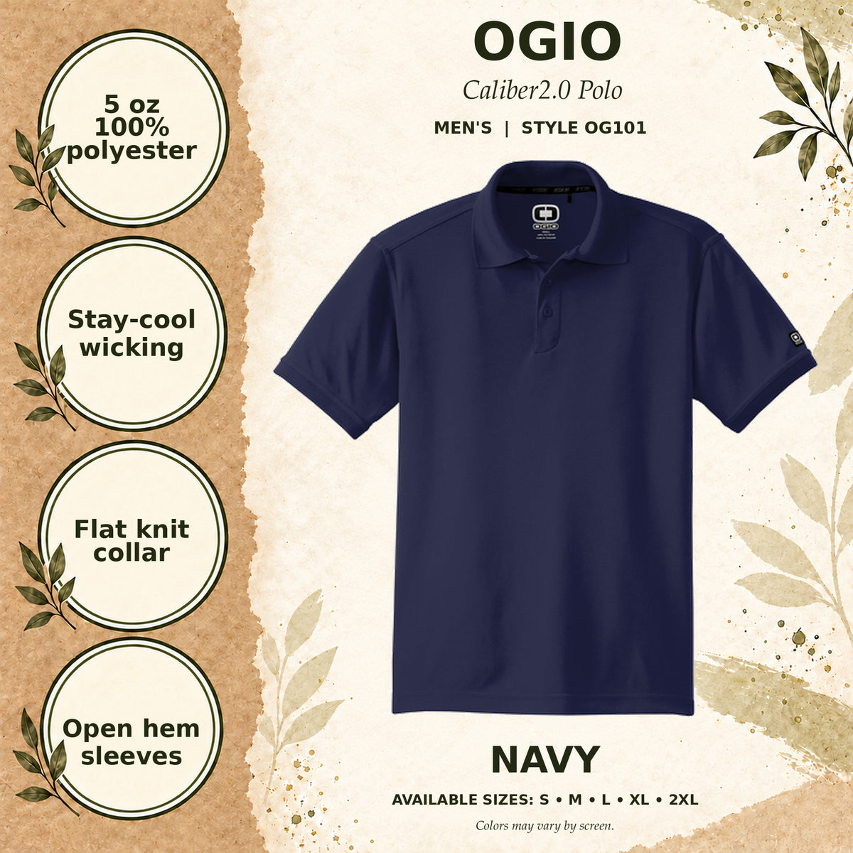 OGIO Caliber2.0 Men's Polo — Navy, fabric and garment details