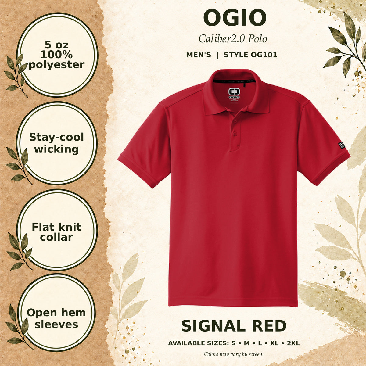 OGIO Caliber2.0 Men's Polo — Signal Red, fabric and garment details