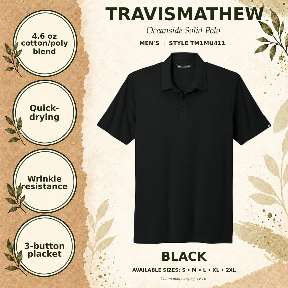 TravisMathew Oceanside Solid Men's Polo — Black, fabric and garment details