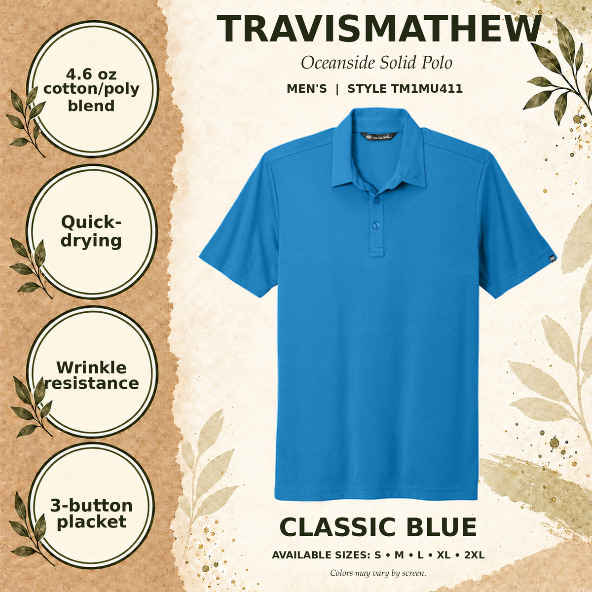 TravisMathew Oceanside Solid Men's Polo — Classic Blue, fabric and garment details