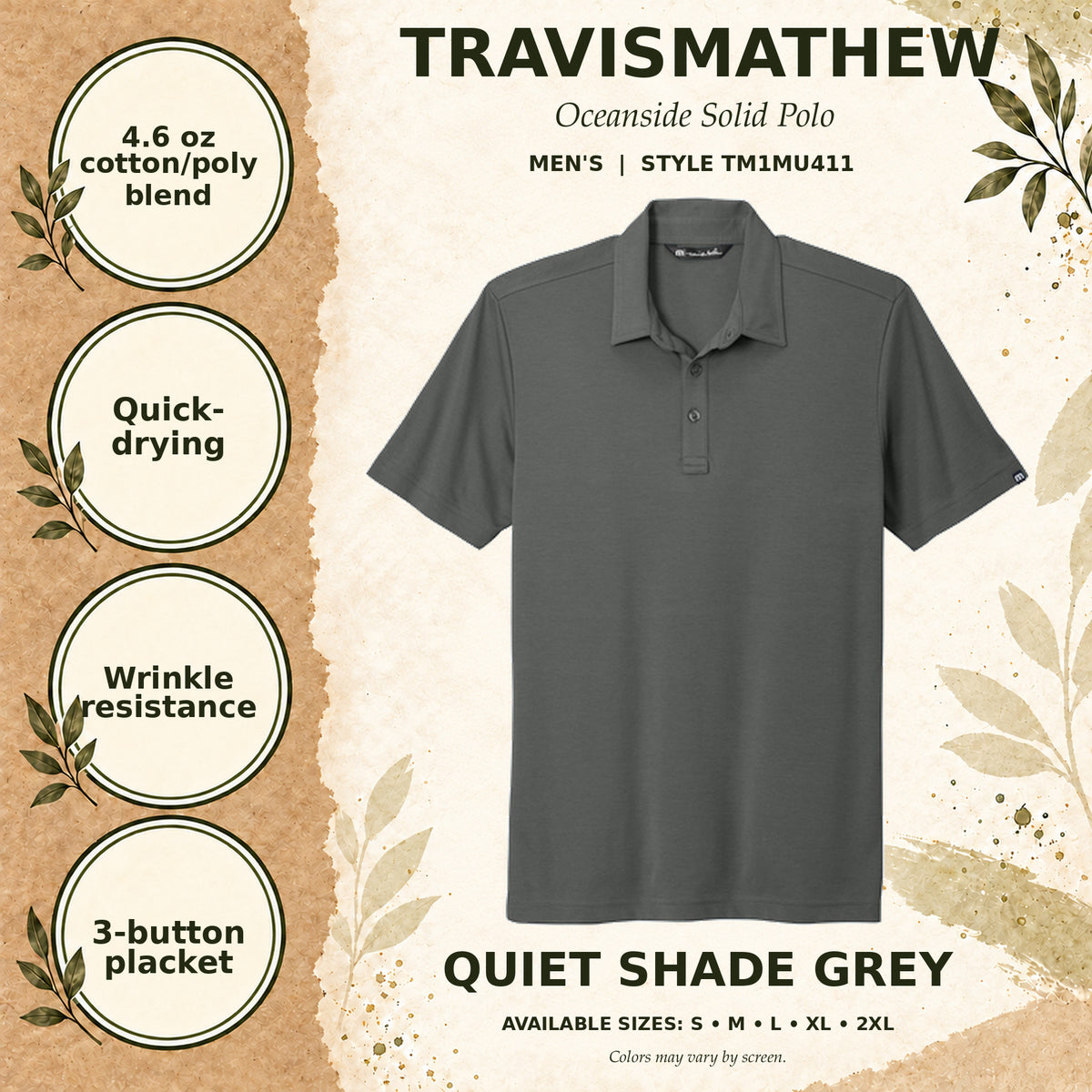 TravisMathew Oceanside Solid Men's Polo — Quiet Shade Grey, fabric and garment details