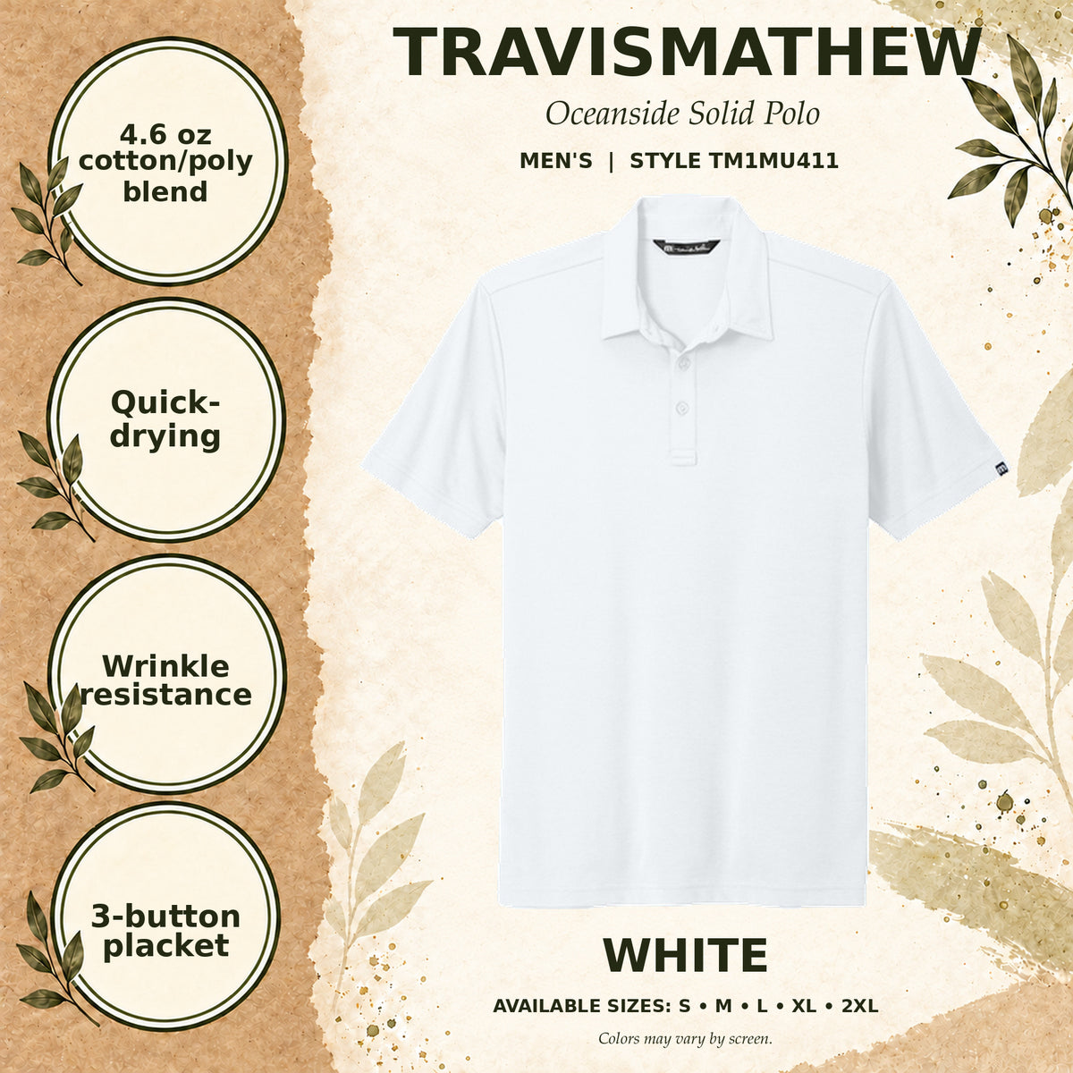 TravisMathew Oceanside Solid Men's Polo — White, fabric and garment details