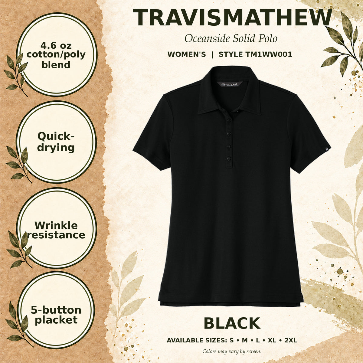TravisMathew Oceanside Solid Women's Polo — Black, fabric and garment details