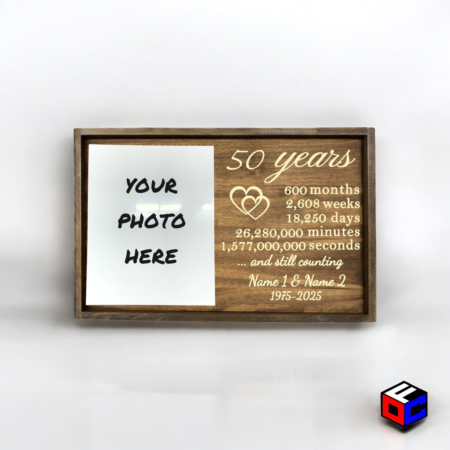 Personalized Vertical Large Metal Photo in Magnetic Shadowbox Frame with Custom 50 Year Anniversary Engraving - Personalized Gift - Wall Art