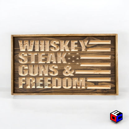 Whiskey Steak Guns & Freedom - Natural Engraved Sign