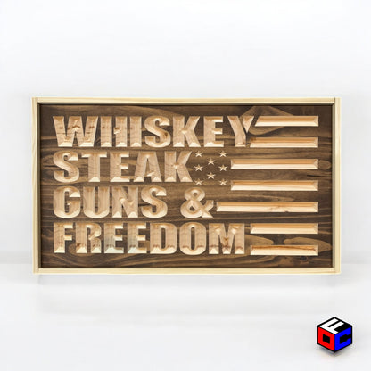 Whiskey Steak Guns & Freedom - Natural Engraved Sign