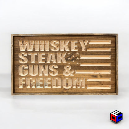 Whiskey Steak Guns & Freedom - Natural Engraved Sign