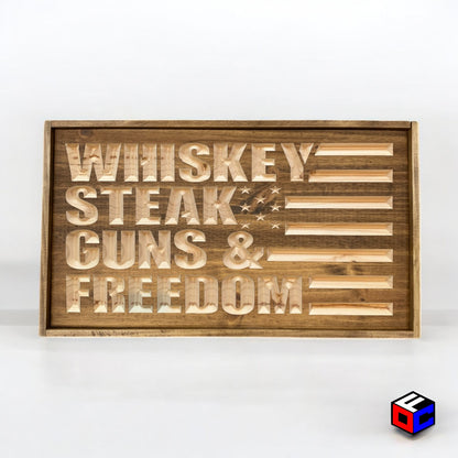 Whiskey Steak Guns & Freedom - Natural Engraved Sign