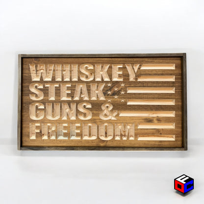 Whiskey Steak Guns & Freedom - Natural Engraved Sign