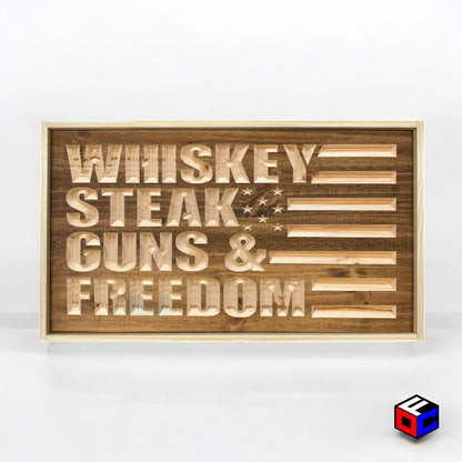 Whiskey Steak Guns & Freedom - Natural Engraved Sign