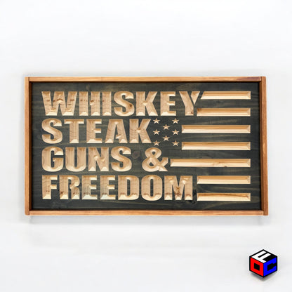 Whiskey Steak Guns & Freedom - Natural Engraved Sign