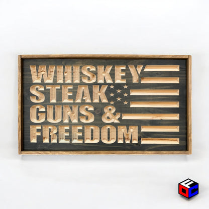 Whiskey Steak Guns & Freedom - Natural Engraved Sign