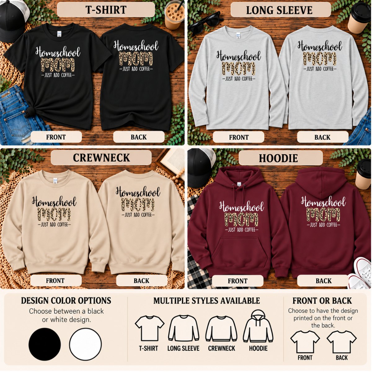 Homeschool Mom Just Add Coffee | T-Shirt, Long Sleeve, Crewneck & Hoodie
