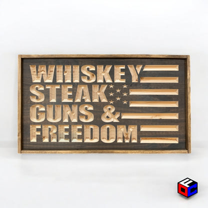 Whiskey Steak Guns & Freedom - Natural Engraved Sign