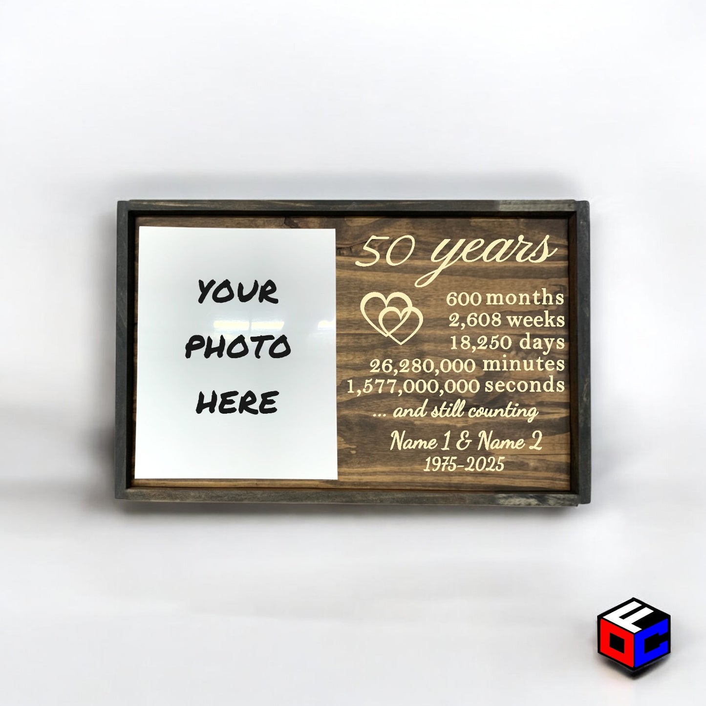 Personalized Vertical Large Metal Photo in Magnetic Shadowbox Frame with Custom 50 Year Anniversary Engraving - Personalized Gift - Wall Art